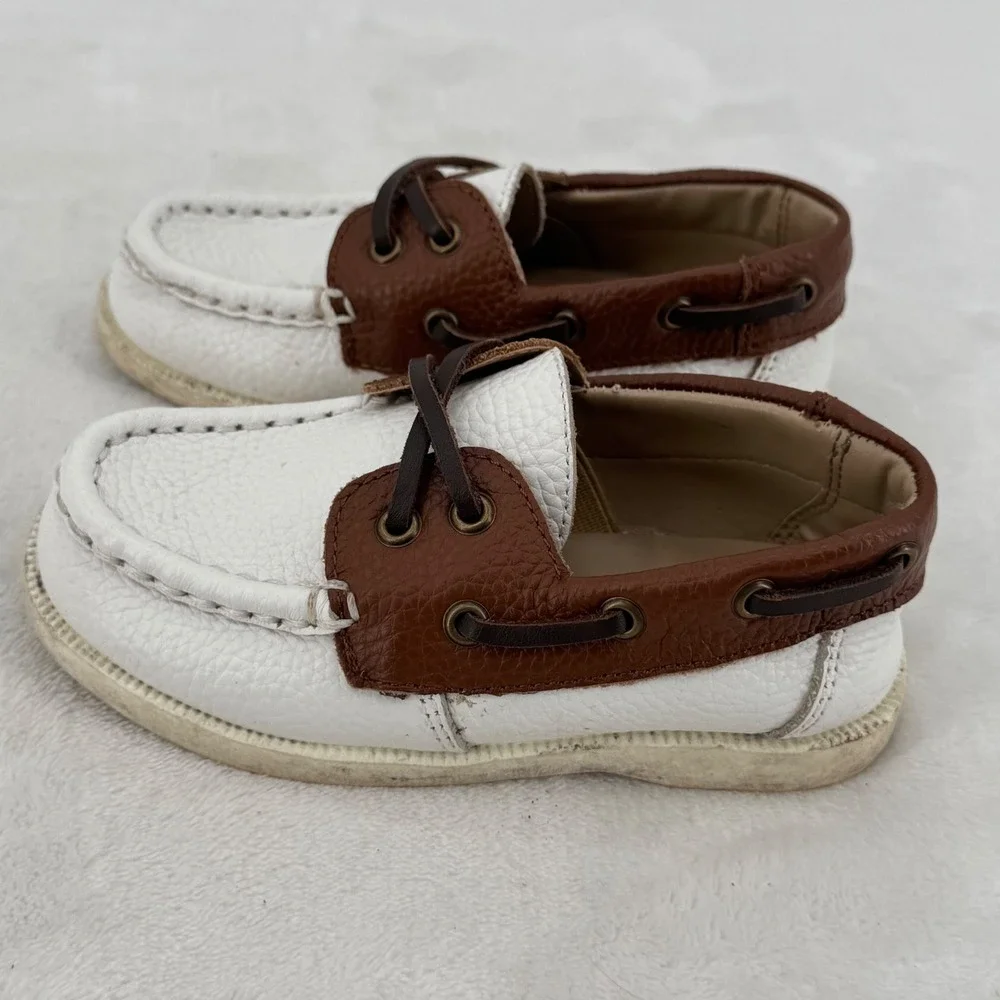 Janie and Jack Boat Shoes Toddler Size 8 White & Brown Leather Nautical Loafers